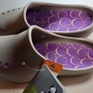 CROCS Gray Mules with Purple Patterned Insole
